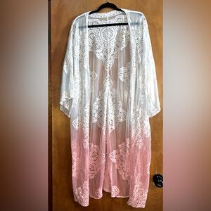 White/Pink Ombré Lace Kimono Cardigan